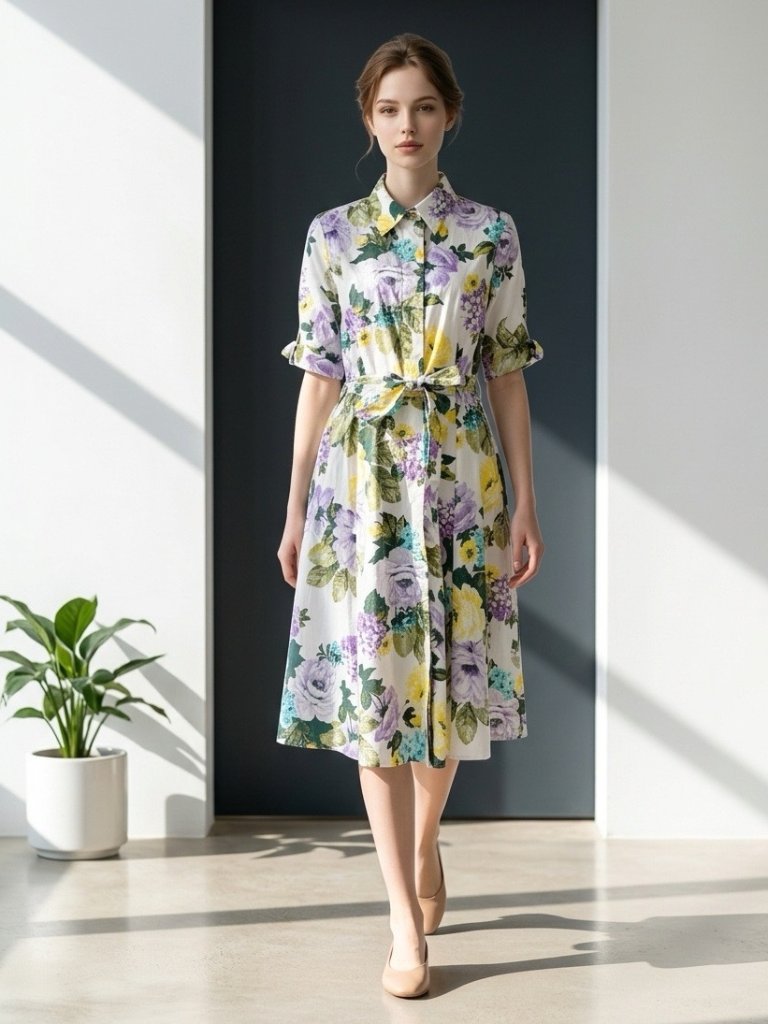 Nwt Calvin Klein Floral Belted Shirt Midi Dress Size 8